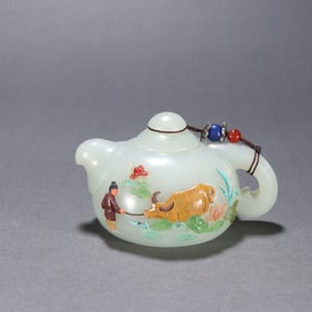 Jade Inlaid Gem Stone Carved Child and Ox Pattern Teapot