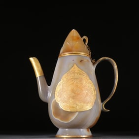 Agate Inlaid Solid Gold Carved Flower and Phoenix Pattern Teapot