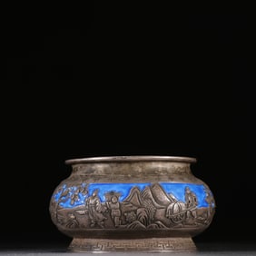 Silver Inlaid Blue Enameled Carved Character Story Pattern Incense Burner