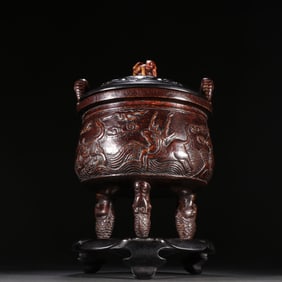 Agarwood Carved Dragon and Beast Pattern Double Ears Incense Burner