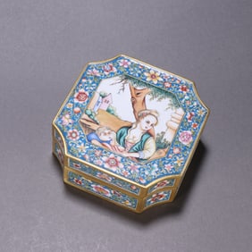 Bronze Enamel Blue Base Character Story and Flower Pattern Lid Box