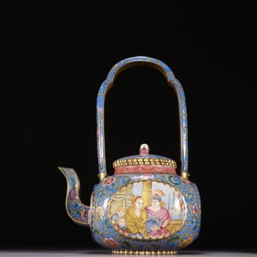Bronze Enamel Blue Base Character Story and Flower Pattern Handle Pot