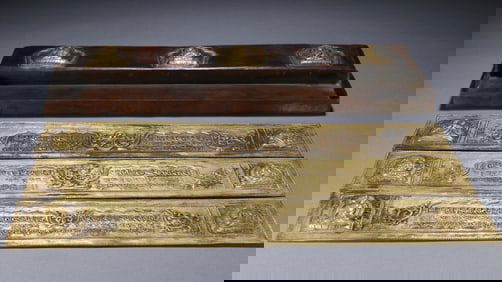 Group of Four Gilt Bronze Carved Buddhist Sutras and Buddha Pattern Book and Lid Box