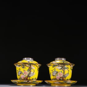 Pair of Bronze Enamel Blue Base Pine Tree and Crane Pattern Lid Cup