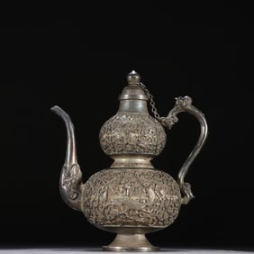 Silver Carved Flower and Phoenix Pattern Gourd Shape Teapot