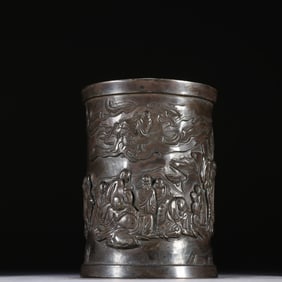 Silver Carved Arhats Story Pattern Brush Pot