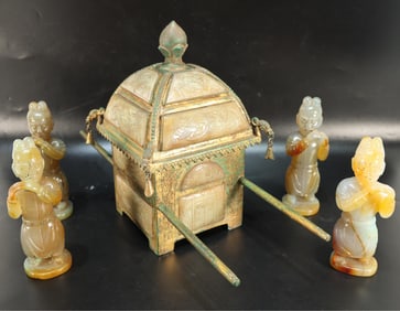 Group of Five Gilt Bronze Inlaid Jade Carved Dragon and Phoenix Pattern Sedan Chair and Agate Carved