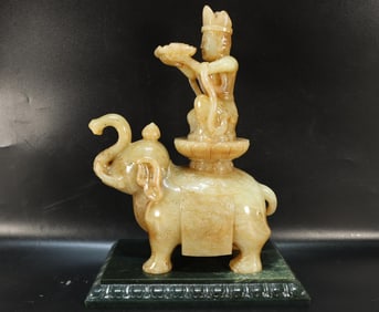Jade Carved Elephant and GuanYin Shape Figure