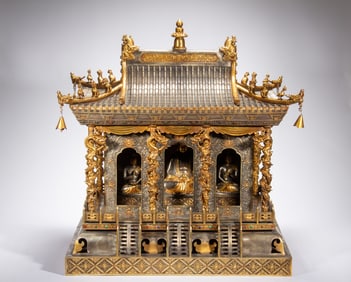Gilt Silver Carved Flower Pattern Buddha Niche and Gilt Silver Carved Sakyamuni Figure