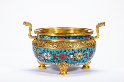 Bronze Cloisonne Carved Flower Pattern Double Ears Incense Burner