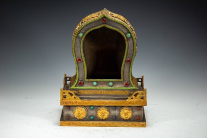 Gilt Bronze Inlaid Gem Stone Carved Flower Pattern Buddha Niche