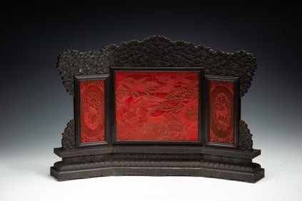 Red Sandalwood Inlaid Lacquerware Red Carved Deer and Crane Pattern Screen