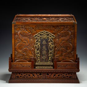 Huanghuali Wood Inlaid Gilt Bronze Carved Dragon Pattern Box