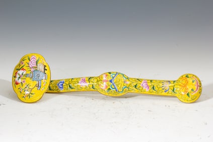 Bronze Enamel Blue Base Flower and Bat Pattern RuYi Ornament