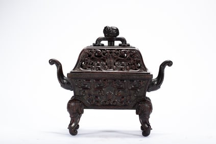 Red Sandalwood Carved Dragon Pattern Double Ears Incense Burner
