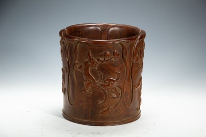 Huanghuali Wood Carved Chi Dragon Pattern Brush Pot