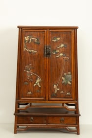 Huanghuali Wood Inlaid Multi GemStone Carved Playing Children Pattern Cabinet