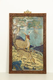 Huanghuali Wood Inlaid Bronze Cloisonne Carved Deer and Pine Tree Pattern Wall Panel
