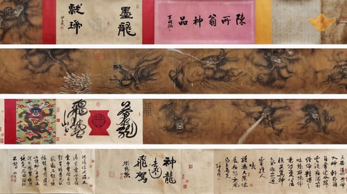 Chinese Ink Dragon Painting, Ink and Color on Silk, Hand Scroll, Chen Rong Mark