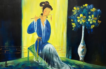 Chinese Lady and Flower Vase, Oil on Canvas, Lin Fengmian
