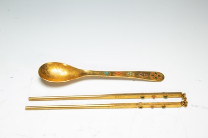 Group of Two Gilt Bronze Inlaid Gem Stone Carved Flower Pattern Spoon and Chopsticks