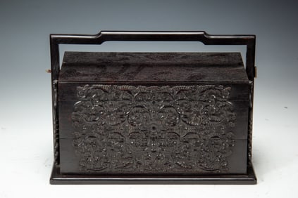 Red Sandalwood Carved Flower Pattern Food Tray Box
