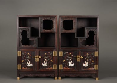 Pair of Rosewood Multi GemStone Inlaid Carved Pine Tree and Crane Pattern Cabinet