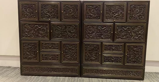 Pair of Red Sandalwood Carved Dragon and Cloud Pattern Cabinet