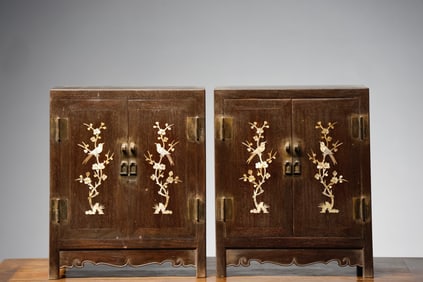 Pair of Red Sandalwood Multi GemStone Inlaid Carved Flower and Bird Pattern Cabinet