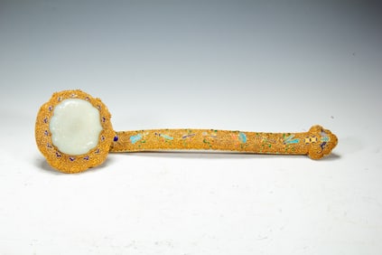 Gilt Silver Inlaid Jade and Blue Enameled Carved Bat and Eight Treasure Pattern RuYi Ornament