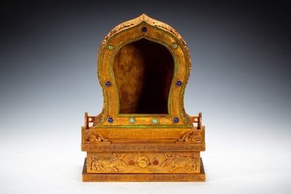 Gilt Bronze Inlaid Gem Stone Carved Flower and Ox Pattern Buddha Niche