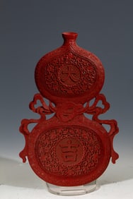 Lacquerware Red Carved Flower Pattern Gourd Shape Wall Panel