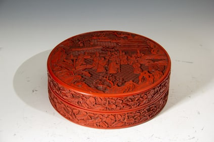 Lacquerware Red Carved Flower and Character Story Pattern Lid Box