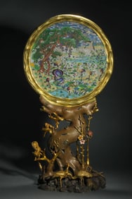 Bronze Cloisonne Carved Pine Tree and Crane Pattern Table Plaque