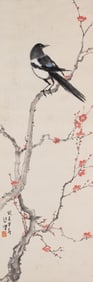 Chinese Magpie and Prunus Painting, Ink and Color on Paper, Hanging Scroll, Xu Beihong Mark