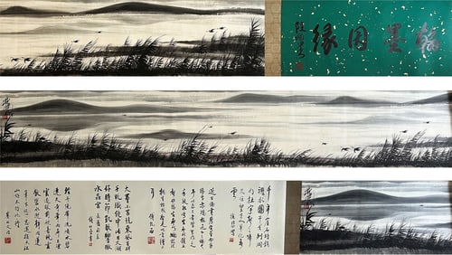 Chinese Egret Painting, Ink and Color on Paper, Hand Scroll, Lin Fengmian Mark