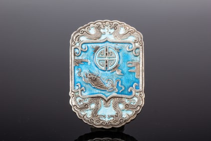 Silver Inlaid Blue Enameled Carved Fish and Dragon Pattern Pendant
