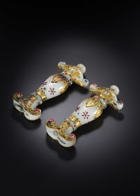 Pair of Jade Inlaid Solid Gold and Gem Stone Carved Flower Pattern Sword Ornament