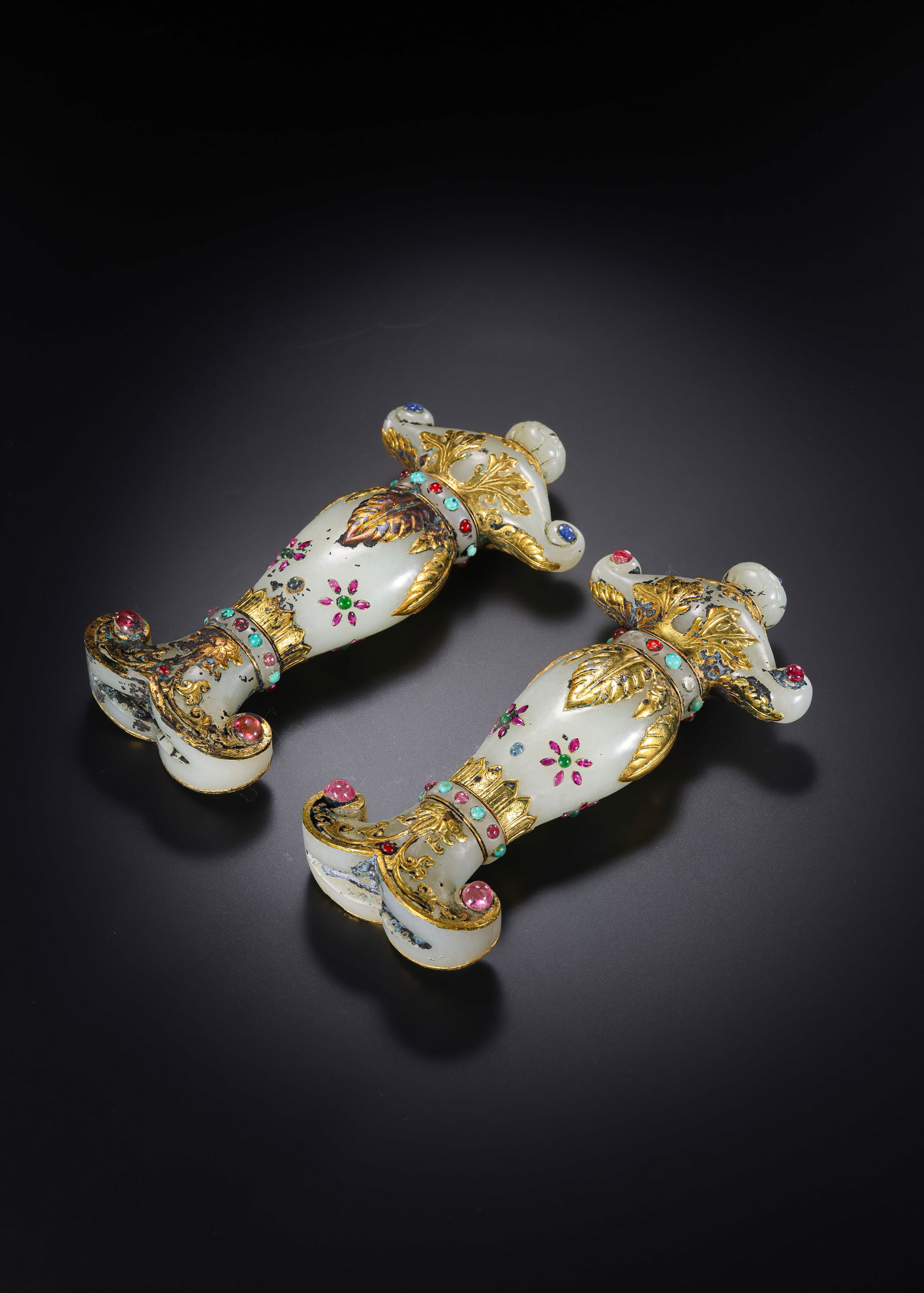 Pair of Jade Inlaid Solid Gold and Gem Stone Carved Flower Pattern Sword Ornament