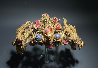 Gilt Silver Inlaid Gem Stone Carved Dragon and Phoenix Pattern Hair Pin