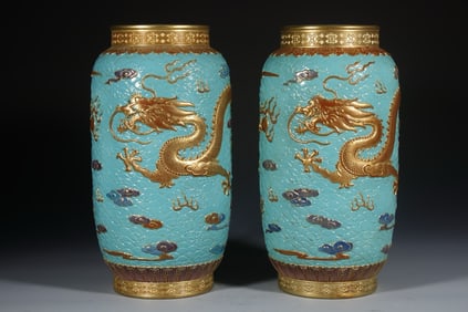 Pair of Turquoise Green Glazed Carved Dragon Pattern Porcelain Vase