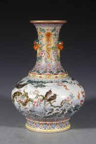 Enamel Drawing Peach and Bird Pattern Porcelain Vase