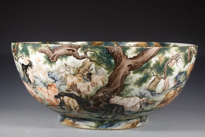 Enamel Drawing Tree and Ram & Poetry Pattern Porcelain Bowl