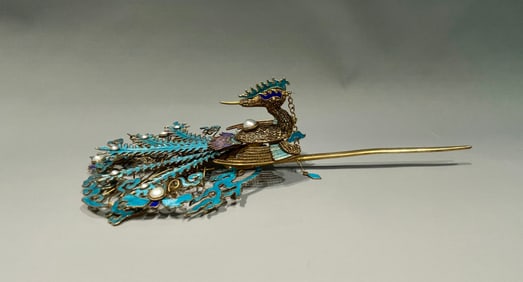 Gilt Silver Inlaid Gem Stone and Blue Feather Carved Phoenix Pattern Hair Pin