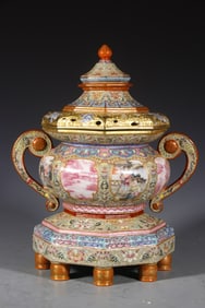 Enamel Drawing Landscape and Playing Children Pattern Porcelain Double Ears Incense Burner