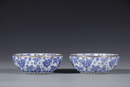 Pair of Blue and White Inlaid Gilt Bronze Flower Pattern Porcelain Cup