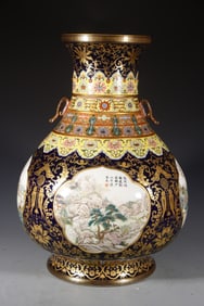 Bright Blue Glazed Gold Drawing Landscape Pattern Porcelain Vase