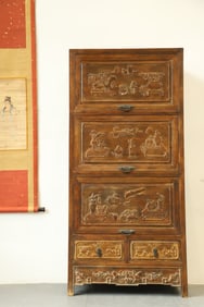 Huanghuali Wood Carved Flower and Flower Pot Pattern Cabinet