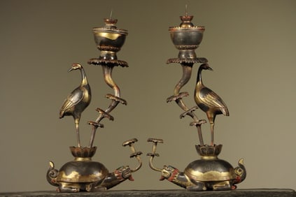 Pair of Gilt Bronze Carved Crane Shape Candlestick
