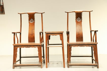 Group of Three Huanghuali Wood Carved Dragon Pattern Chair and Square Table